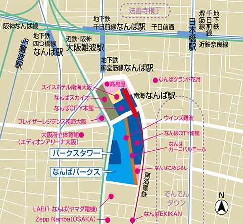 なんばパークスへの地図。南海なんば駅から南西にパークスタワーとなんばパークスがあります。